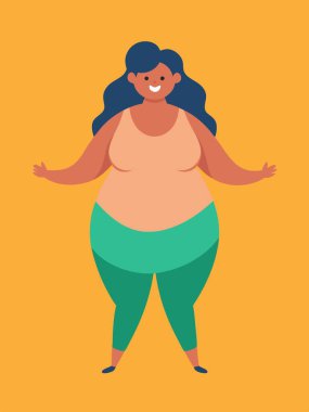 Parlak sarı bir arka planda duran mutlu, büyük boy bir kadını gösteren bir karikatür çizimi. Anahtar sözcükler: Saç, Kafa, El, Kol, Boyun, Kol, Çizgi film, Hareket, Mutlu, Kalça