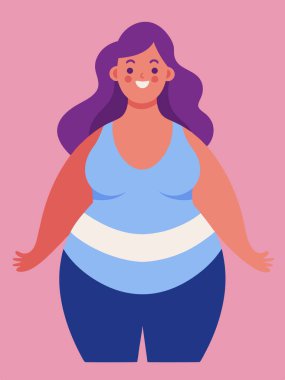 Görüntü, canlı mor saçları ve belirgin şekilde büyük göbeği olan bir kadının karikatürünü gösteriyor. Renkli ve kaprisli bir çizim.