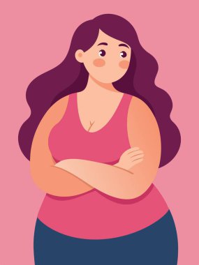 Kollarını kavuşturmuş, kendine güvenen bir duruş sergileyen, kilolu bir kadının karikatür çizimi.