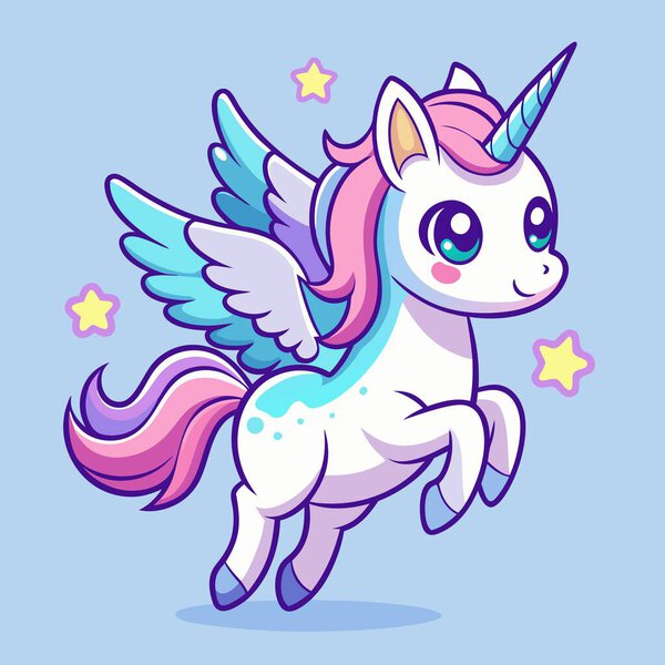 Una Criatura Mítica Encantadora Unicornio Caricaturesco Con Alas Cuerno Vuela — Vector de stock