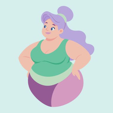 Canlı mor saçlı bir kadın yoga topunun üzerinde dengede duruyor, elleri kalçalarına güvenli bir şekilde yerleştirilmiş.