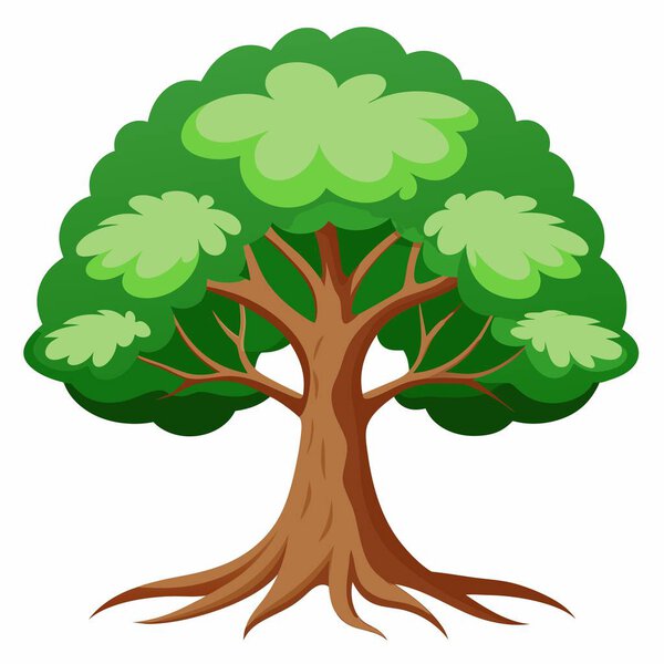 A cartoon illustration featuring a tree with vibrant green leaves and visible roots against a white background, representing nature and botany