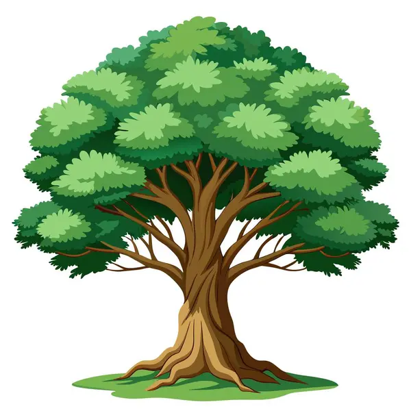 Beyaz arka planda yeşil yapraklı bir ağacın karikatür çizimi bitkiler, çiçekler, dallar ve doğal bir manzara gibi çeşitli elementleri sergiliyor.