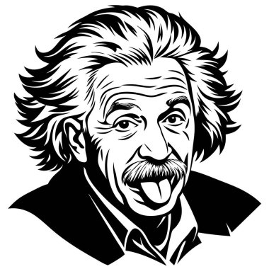 Siyah ve beyaz bir çizim Albert Einstein 'ın neşeli bir şekilde dilini dışarı çıkarmasını, hareketli bir jest sergilemesini ve tuhaf doğasını yansıtmasını tasvir ediyor.