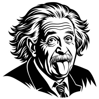 Siyah beyaz bir taslak Albert Einstein 'ın dilini şakayla uzattığını gösteriyor.
