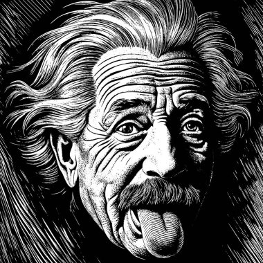 Albert Einstein 'ın komik bir tasviri, siyah beyaz bir çizimle, yüz hatlarına ve sanatsal detaylara vurgu yaparak dilini gösteriyor.