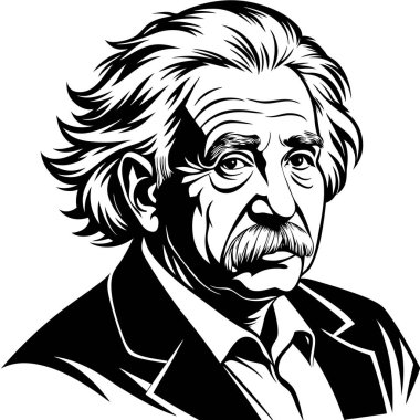 Albert Einstein 'ın takım elbiseli ve kravatlı hali. Gözü, çene çizgisi, sakalı ve jesti gibi detaylarla. Çizgi film sanatı yüz kıllarını, kravatını ve kollarını mükemmel bir şekilde yakalıyor.