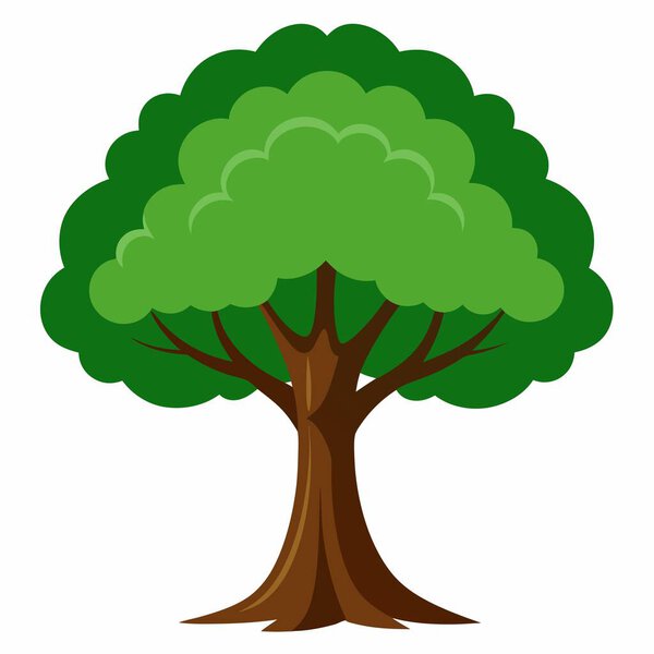 Карикатура на дерево с зелеными листьями и коричневым туловищем, стоящим в травянистой зоне рядом с фонарем