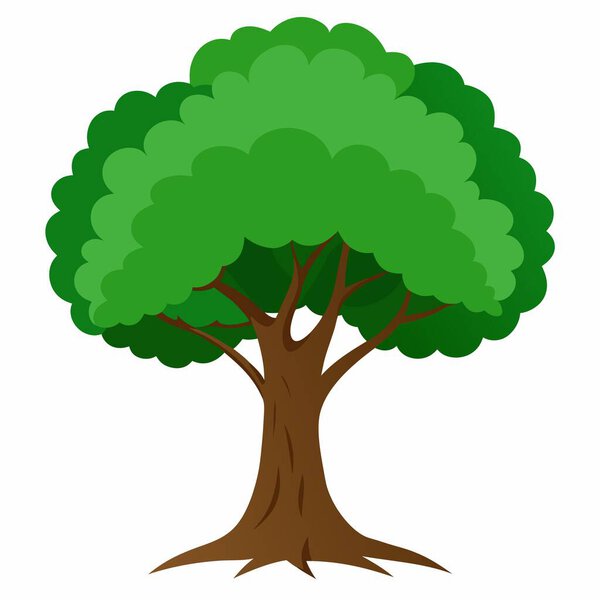 Карикатурная иллюстрация, изображающая дерево с зелеными листьями и коричневым стволом в естественной среде