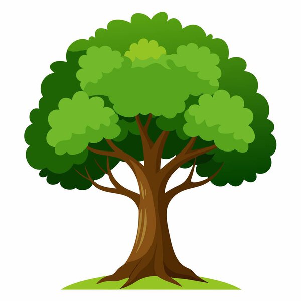 Карикатура на дерево с ярко выраженными зелеными листьями на обычном белом фоне