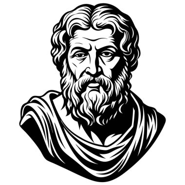 İllüstrasyonda siyah-beyaz sakallı, saçları, alnı, yanağı, kolu, gözü, kaşları, çenesi ve boynu gibi ayrıntıları gösteren bir adam yer alıyor.