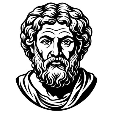 Eserde siyah beyaz çizilmiş kıvırcık saçlı ve sakallı bir adam tasvir ediliyor. Alnı, yanağı, çenesi, gözü ve kaşları gibi çeşitli yüz hatları sergileniyor.