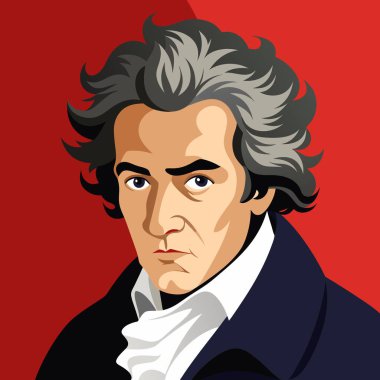 Beethoven 'ın bir karikatürü onu gri saçlı ve eşarp takarken gösteriyor, kırmızı arka planda, neşeli bir ifade yayıyor.