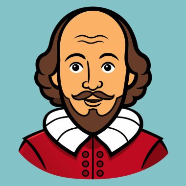 Shakespeare 'in sakal ve bıyıklı bir karikatürü. Burun, yanak, göz ve ağız gibi yüz hatlarına odaklanmış.