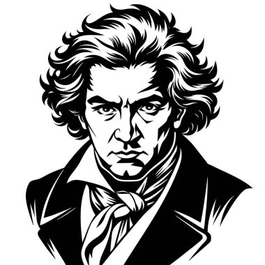 Çizimde Beethoven siyah-beyaz olarak tasvir ediliyor, saçı, kafası, gözleri, yüz ifadesi, kolları ve hareketleri gibi detaylara odaklanıyor.