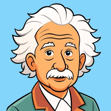 Albert Einstein 'ın beyaz saçlı ve bıyıklı bir karikatürü. Alnı, burnu ve yanağı gibi ayırt edici saç stilini ve yüz hatlarını gözler önüne seriyor.