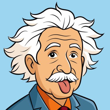 Çizgi filmde Albert Einstein esprili bir şekilde dilini uzatıyor ve komik bir yüz ifadesi sergiliyor.