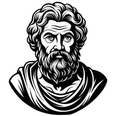 Çizimde, siyah beyaz sakallı bir adam tasvir ediliyor, saçına, alnına, yüzüne, yanağına, çenesine, saçına, kaşına, gözüne ve sakalına odaklanıyor.