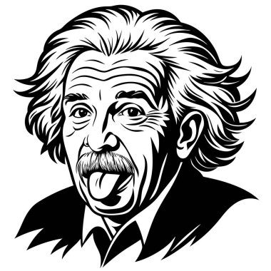 Albert Einstein 'ın komik bir şekilde dilini uzattığını gösteren siyah ve beyaz bir resim, ikonik saçı, sakalı ve yüz ifadesi