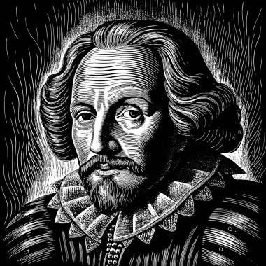 Uzun saçlı ve sakallı bir adamın resmi, siyah beyaz. Alnını, yüzünü, yanağını, başını, çenesini, gözünü ve sakalını gösteriyor.