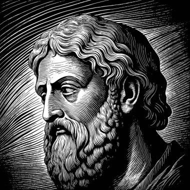 Görüntü siyah beyaz sakallı bir adamı tasvir ediyor, saç, alın, burun, yanak, göz, sakal, çene, yüz kılları, kırışıklık ve heykel gibi ayrıntıları gösteriyor.