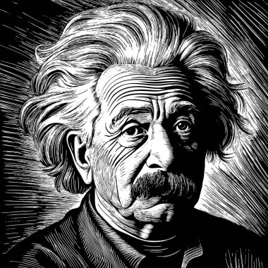 Albert Einstein 'ın simgesel bıyığıyla siyah beyaz bir portresi. Alnı, saçı, başı, çenesi, gözleri, çenesi, sakalı ve kırışıklıkları gibi ayırt edici özelliklerini sergiliyor.