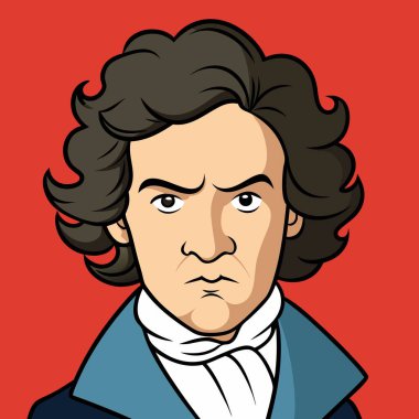 Çizgi film Beethoven 'ı ciddi bir ifadeyle gösteriyor. Çizimde kendine özgü saç stili, yüz hatları ve genel ciddiyeti görülüyor.