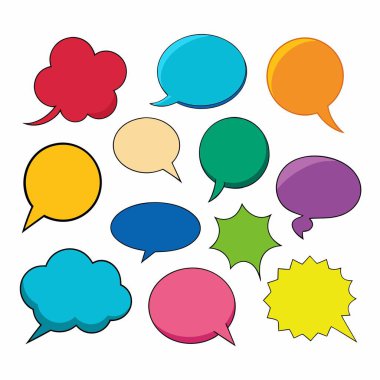 Temiz beyaz bir arkaplan karşısında canlı bir konuşma balonu koleksiyonu