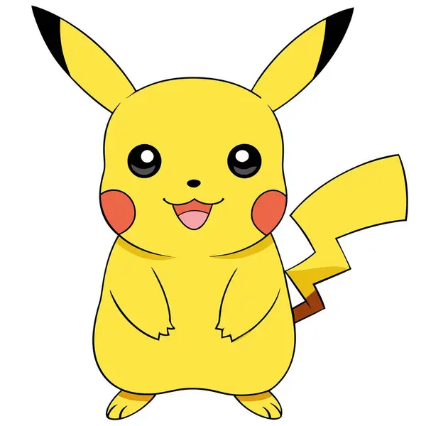 Beyaz arka planda kuyruğu olan mutlu bir pikachu 'nun karikatürü, neşeli bir yüz ifadesi, oyuncu hareketlere sahip bir omurgalı organizmanın sanatsal bir çizimi.