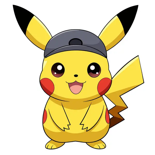 Omurgalı memeli bir memeli olan Pikachu beysbol şapkası takıyor ve resimde gülümsüyor.