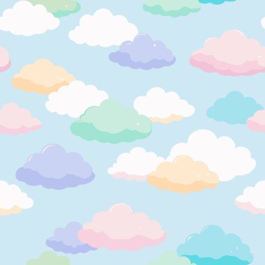 Mavi bir zemin üzerinde renkli bulutları barındıran pürüzsüz bir desen. Azure, Pembe, Aqua ve Elektrik mavisi tonlarıyla sakin ve sakin bir atmosfer yaratıyor.