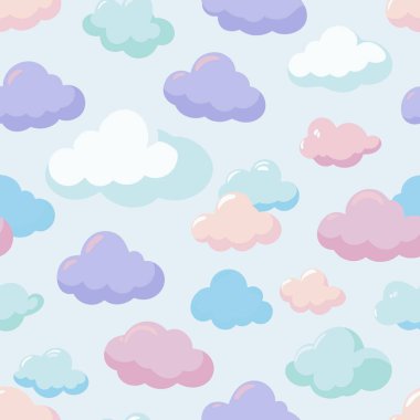 Bu tasarım, tekstil ürünleri ve doğal ürünler için mükemmel olan tekrarlayan bir şablon içinde mavi bir arkaplan üzerinde canlı bulutlar sergiler.