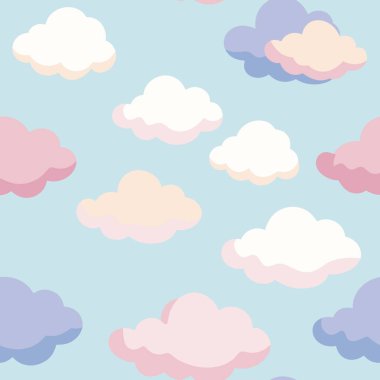 Bu tasarım, mavi arkaplana karşı dizilmiş pembe ve mor bulutların pürüzsüz bir desenine sahiptir, gündüz gökyüzü ve gök mavisi ve turuncu tonlarında doğa teması ile mükemmel bir tekstil.