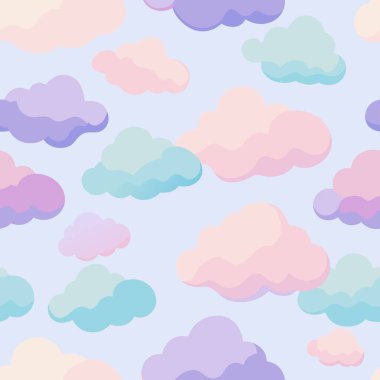 Renkli bulutların tekrarlayan bir desenini içeren canlı bir tasarım, sakin mavi bir zemin üzerine kurulmuş, tekstil veya diğer yaratıcı kullanımlar için mükemmel.