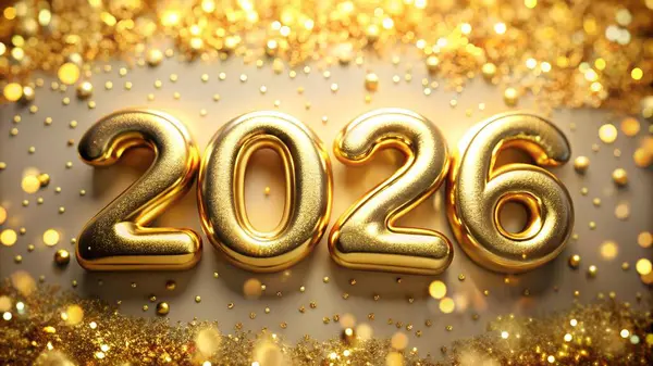 2026 rakamları altın bir zemin üzerinde altın balonlarla sunuluyor, lüks bir estetik yaratıyor.