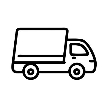 Beyaz zemin üzerinde siyah beyaz bir dağıtım kamyonu çizimi, otomotiv tasarımı ve araç taşımacılığı gibi kavramları temsil ediyor.