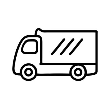 Görüntü, beyaz zemin üzerinde siyah beyaz bir dağıtım kamyonunun basit bir çizimini gösteriyor, araç tasarım elemanlarını ön plana çıkarıyor, örneğin otomotiv aydınlatma ve dikiz aynaları gibi.