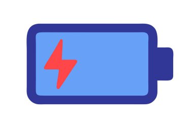 Görüntü, üzerinde kırmızı yıldırım sembolü olan mavi bir pil gösteriyor. Dikdörtgen, daire ve logo gibi sembollerle ilgilidir. Renkler arasında elektrik mavisi ve morumsu