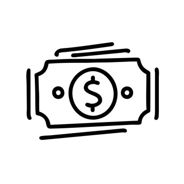 İllüstrasyonda dolar işaretli bir dolar tasvir ediliyor. Para ve zenginliğin sembolünü gösteren basit bir çizgi çizimi.