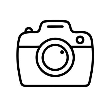 Düz beyaz bir arkaplan karşısında bir kameranın basit bir siyah beyaz resmi