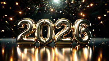 2026 yılı, kutlama ve zarafeti sembolize eden siyah bir arkaplan karşısında altın balonlar tarafından temsil edilir. Karşıtlık çarpıcı ve şenlikli bir görsel etki yaratır.