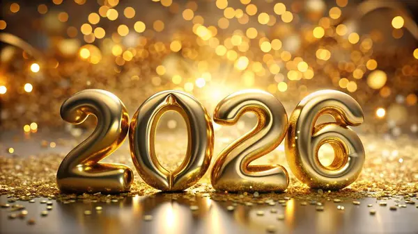 2026 sayıları altın balonlar kullanılarak yaratılıyor, lüks ve zarafeti sembolize ediyor. Altının kullanımı gösteriye biraz incelik ve cazibe katar.