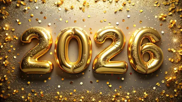 2026 yılı altın balonlar ve konfetilerle sembolize edilir, bir kutlama ve lüks duygusunu somutlaştırır.