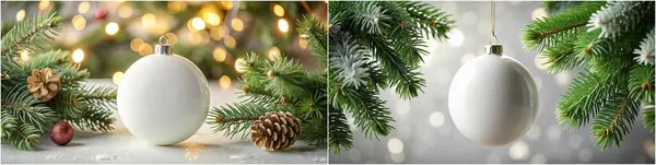 Ağaç dalından sarkan iki Noel süsü. Biri beyaz, diğeri yeşil.