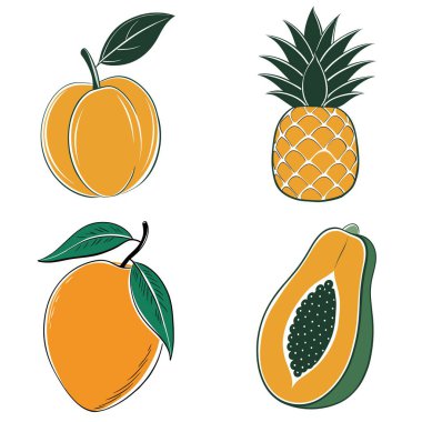 Resimde, bir ananas ve bir mango da dahil olmak üzere dört farklı meyve türü gösteriliyor. Meyveler stilize edilmiş, karikatürsel bir şekilde çiziliyor, her birinin kendine has bir tasarımı var.