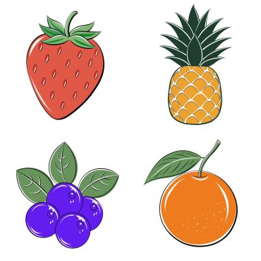 Resimde çilek, yabanmersini, portakal ve ananas da dahil olmak üzere dört farklı meyve gösteriliyor. Meyveler stil ve rengarenk bir şekilde çizilir ve her birinin kendine has bir şekli vardır.