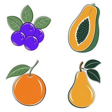 Resimde portakal, armut, yabanmersini ve erik de dahil olmak üzere dört farklı meyve gösteriliyor. Meyveler eşsiz şekillerini ve renklerini vurgulayacak şekilde düzenlenir.