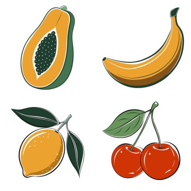 Resimde muz, kiraz, limon ve papaya gibi dört farklı meyve gösteriliyor. Meyveler boyut, şekil ve renk farklılıklarını vurgulayacak şekilde düzenlenmiştir.