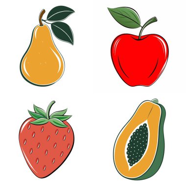 Resimde bir armut, bir elma, bir çilek ve bir kavun da dahil olmak üzere dört farklı meyve gösteriliyor. Meyveler armut ile stilize ve renkli bir şekilde çizilir.