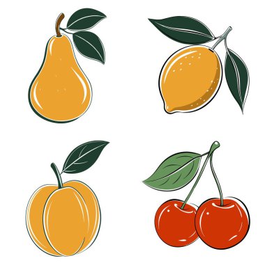 Resimde bir armut, bir limon, bir erik ve bir kiraz da dahil olmak üzere dört farklı meyve gösteriliyor. Meyvelerin hepsi biçimlendirilmiş, karikatürsel bir şekilde çizilmiş, her birinin farklı bir şekli ve rengi var.